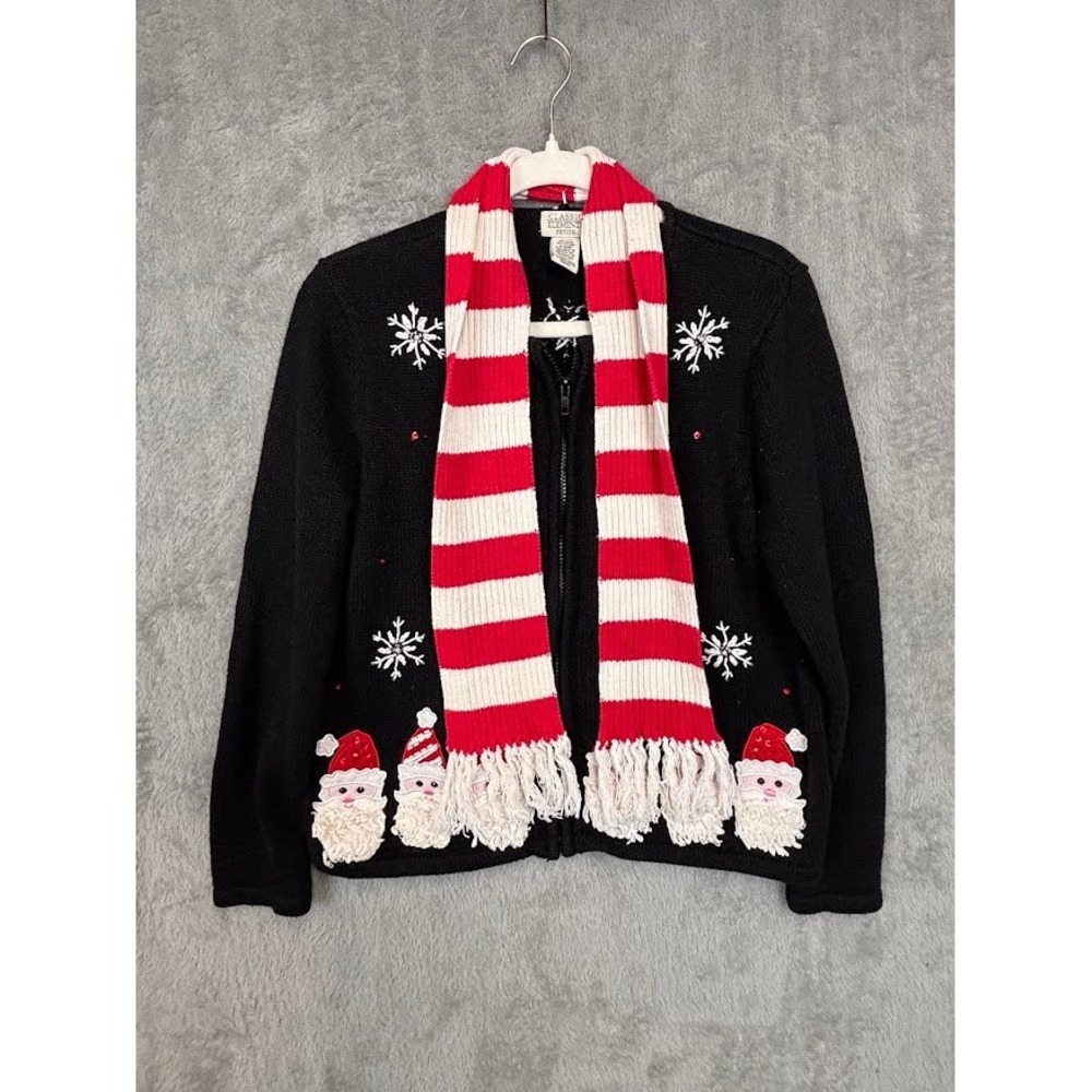 Vintage Classic Elements Christmas Zip Cardigan Santa Scarf Buttoned On Size Md